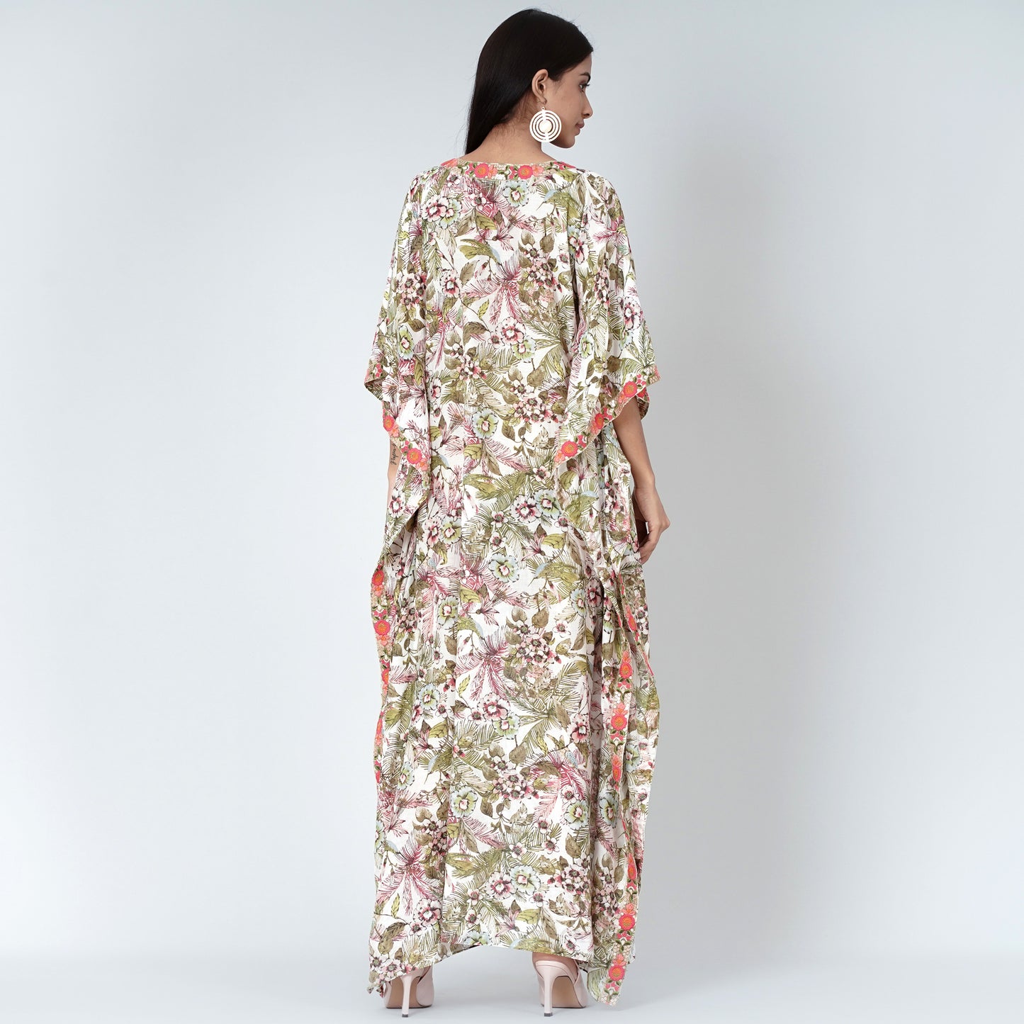 Green Floral Print Full Length Kaftan