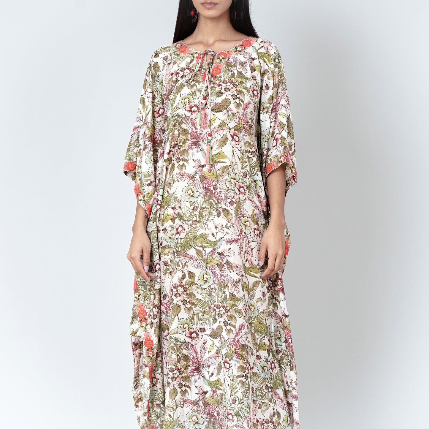 Green Floral Print Full Length Kaftan