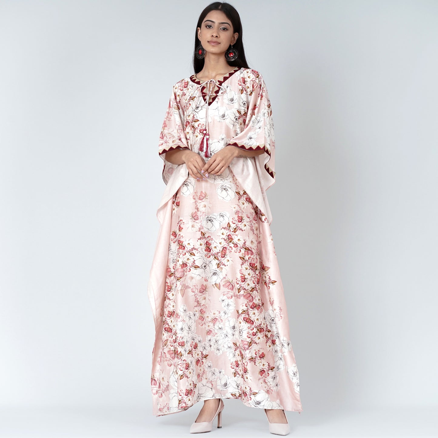 Pink Floral Print Full Length Kaftan