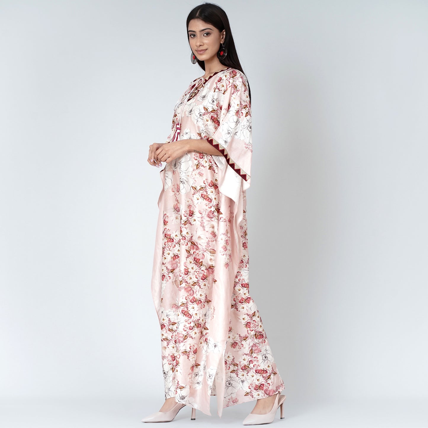Pink Floral Print Full Length Kaftan