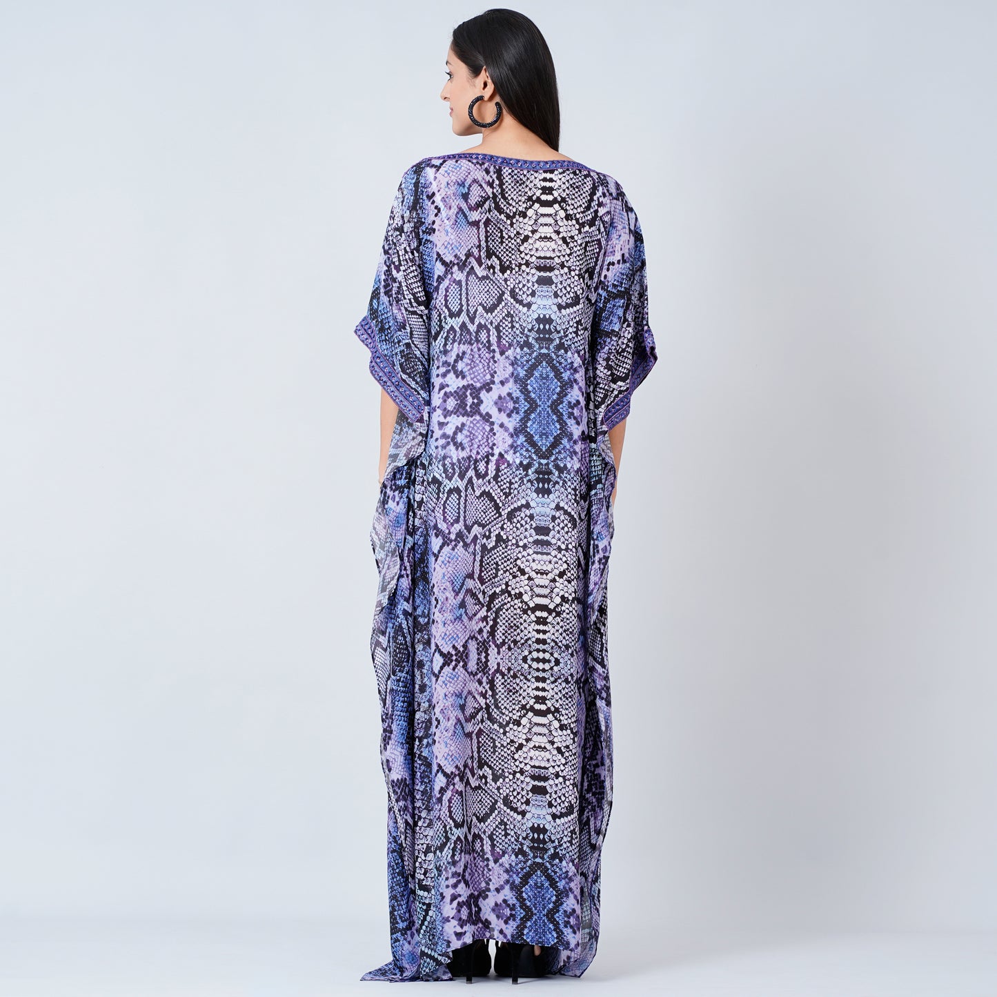 Blue Animal Print Embroidered Full Length Kaftan