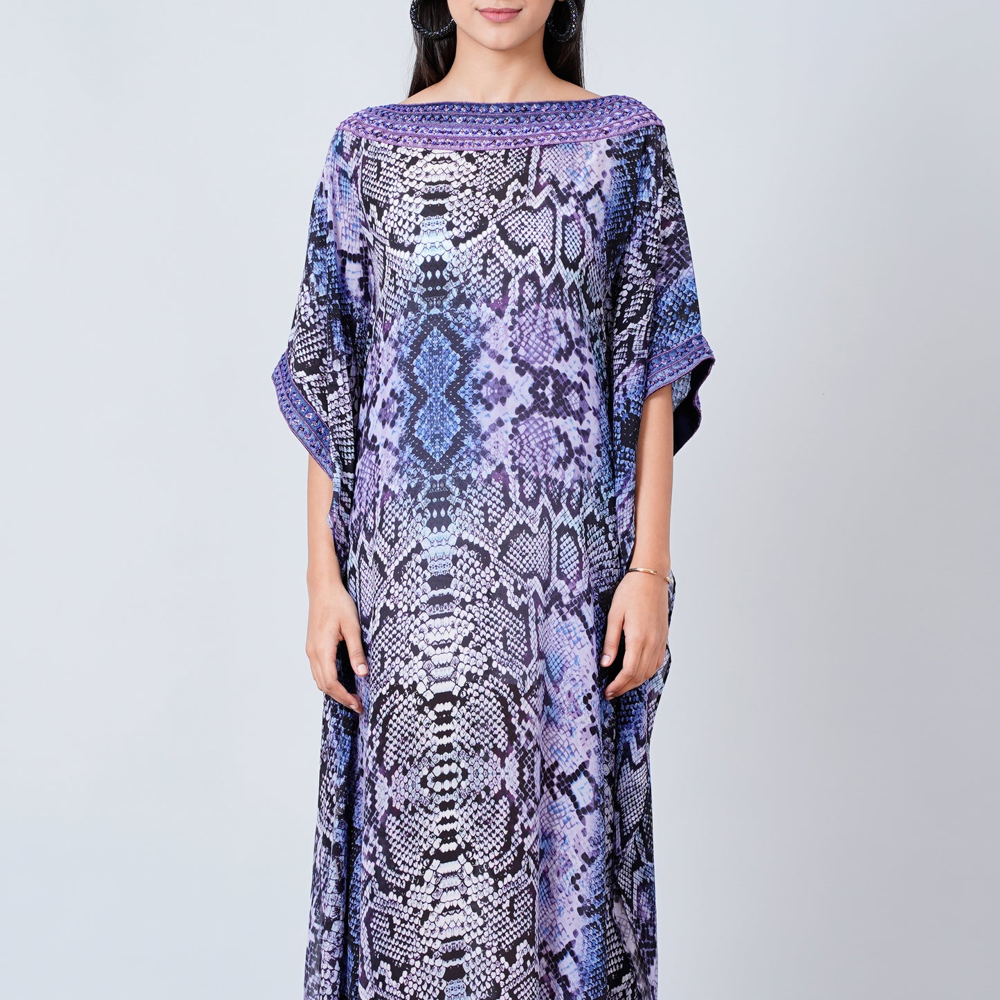 Blue Animal Print Embroidered Full Length Kaftan