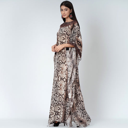 Brown Animal Print Embroidered Full Length Kaftan