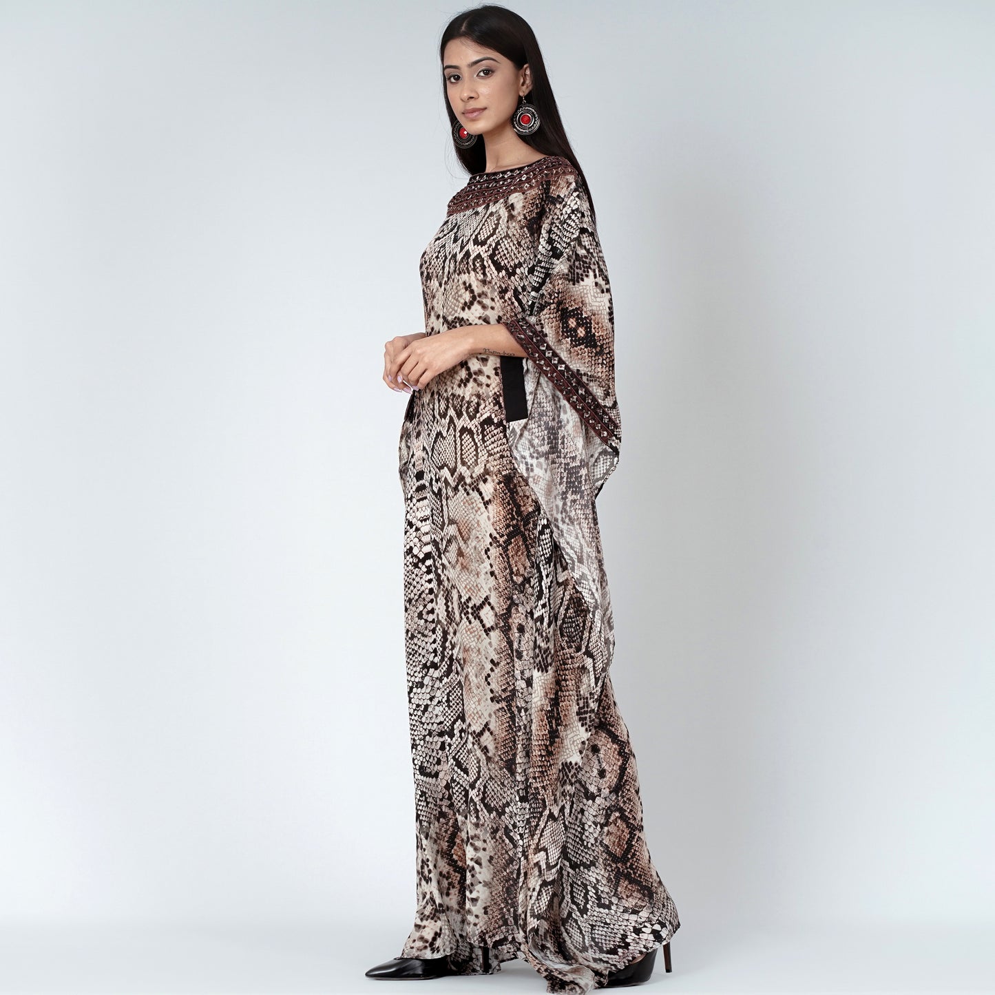 Brown Animal Print Embroidered Full Length Kaftan