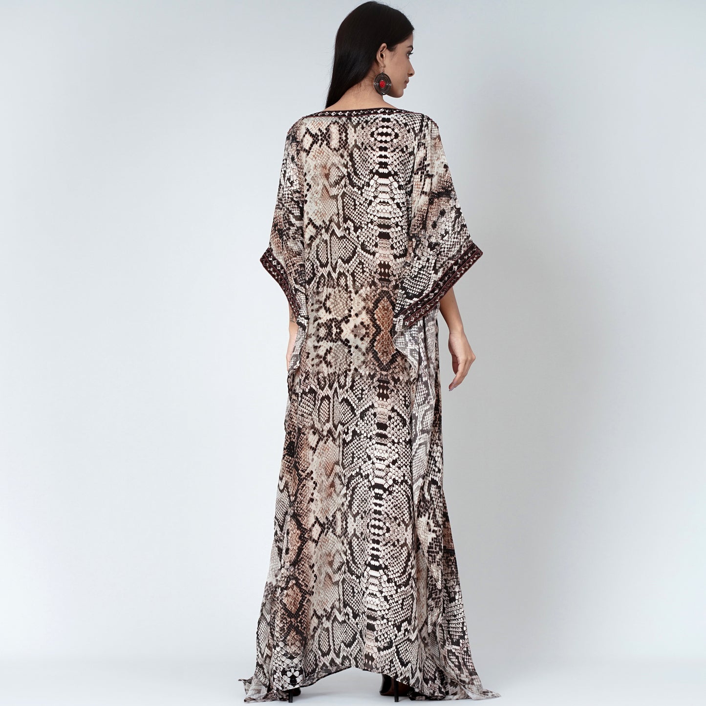 Brown Animal Print Embroidered Full Length Kaftan
