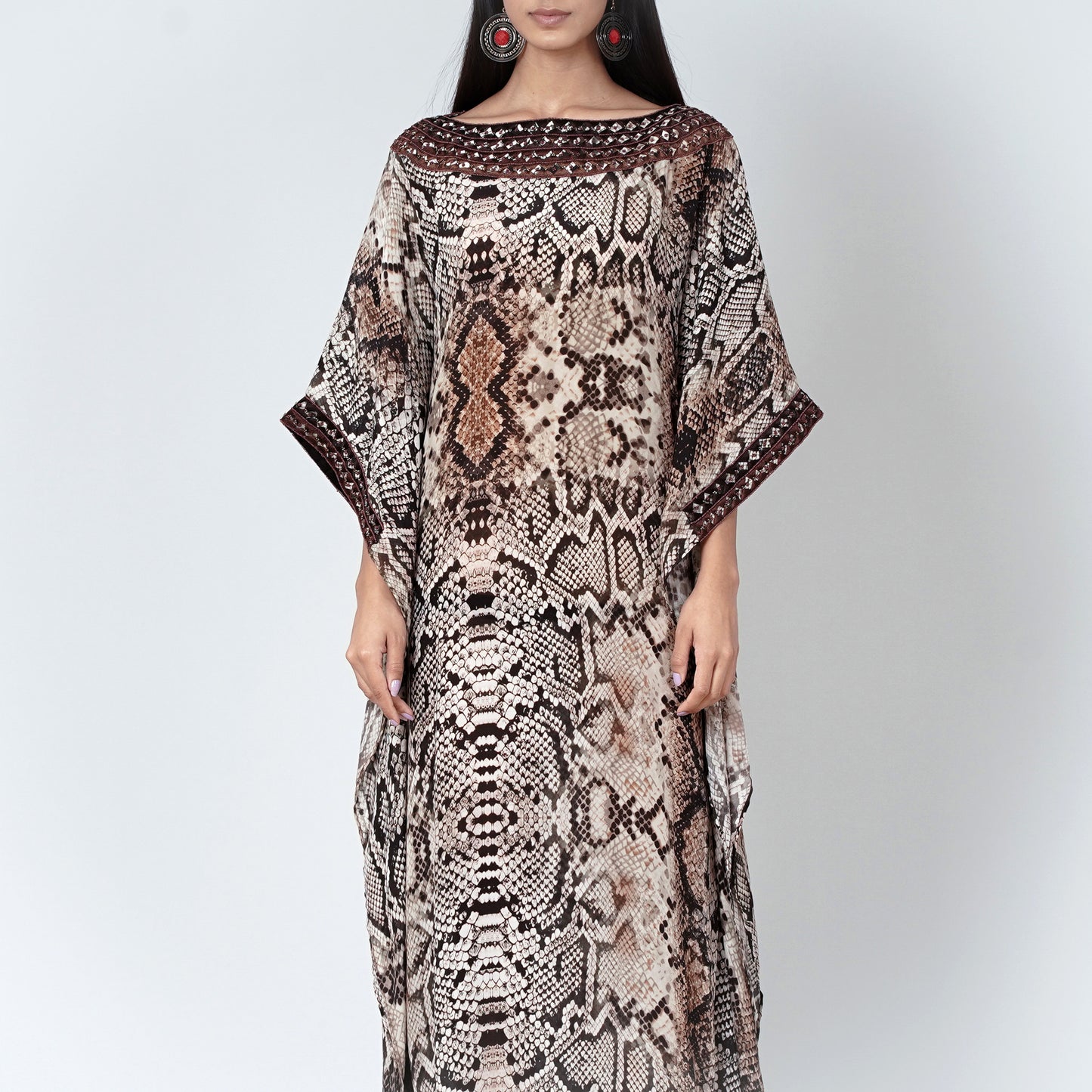 Brown Animal Print Embroidered Full Length Kaftan