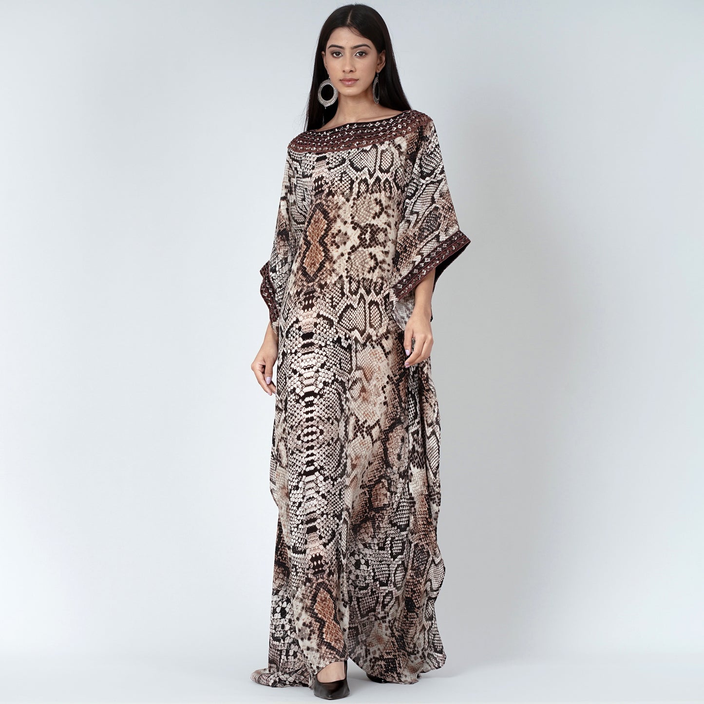 Brown Animal Print Embroidered Full Length Kaftan