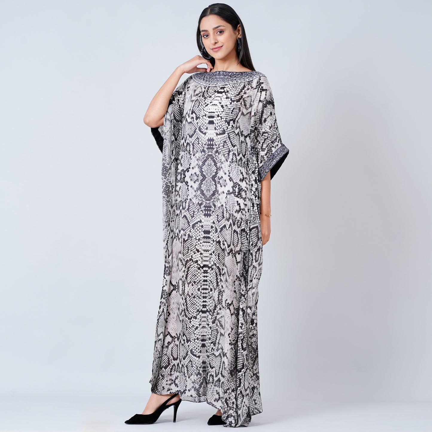 Grey Animal Print Embroidered Full Length Kaftan