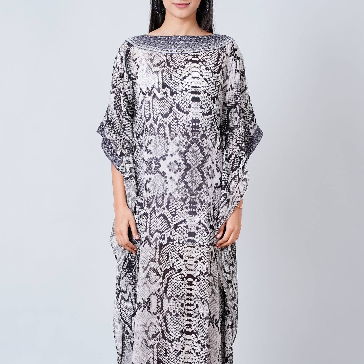 Grey Animal Print Embroidered Full Length Kaftan
