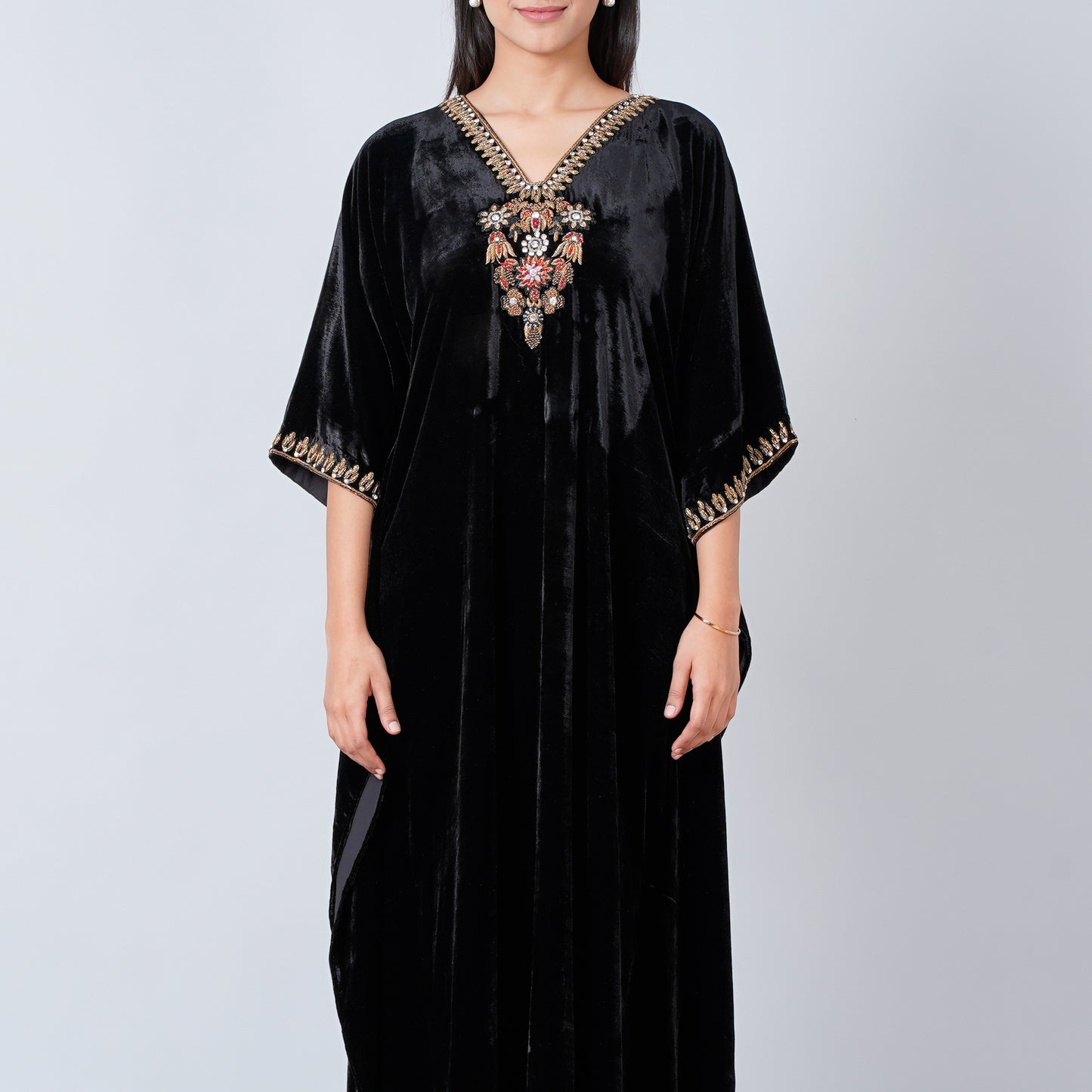 Black Gold Embroidered Silk Velvet Full Length Kaftan