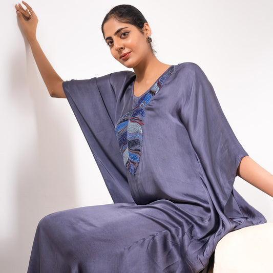 Dark Grey Embroidered Full Length Kaftan