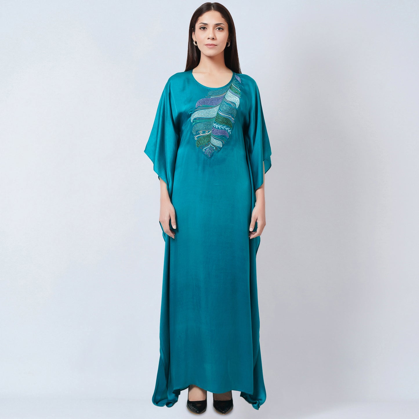 Teal Embroidered Full Length Kaftan