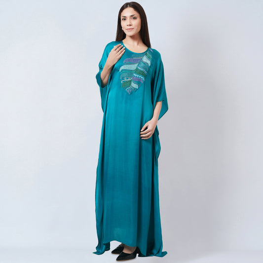 Teal Embroidered Full Length Kaftan