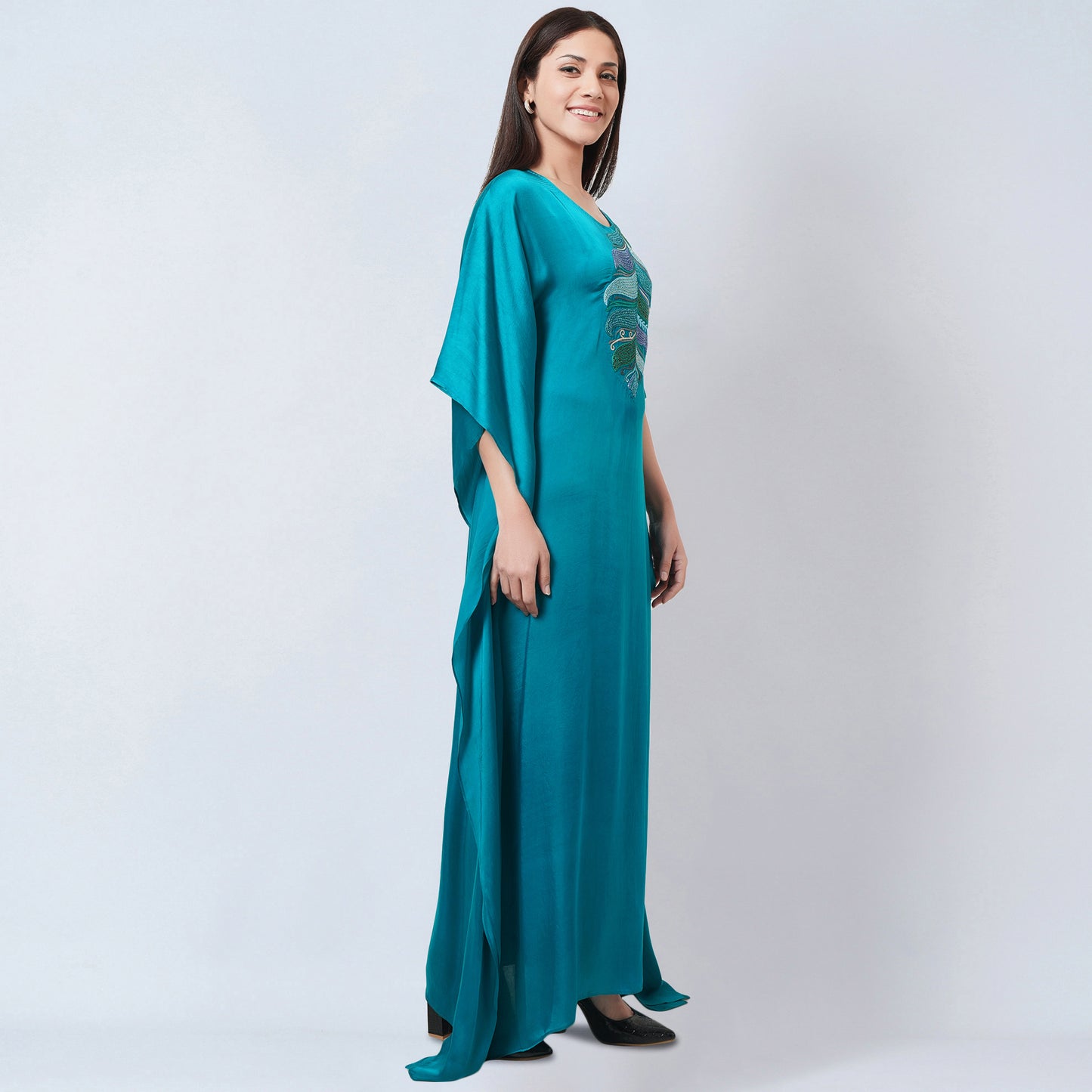 Teal Embroidered Full Length Kaftan
