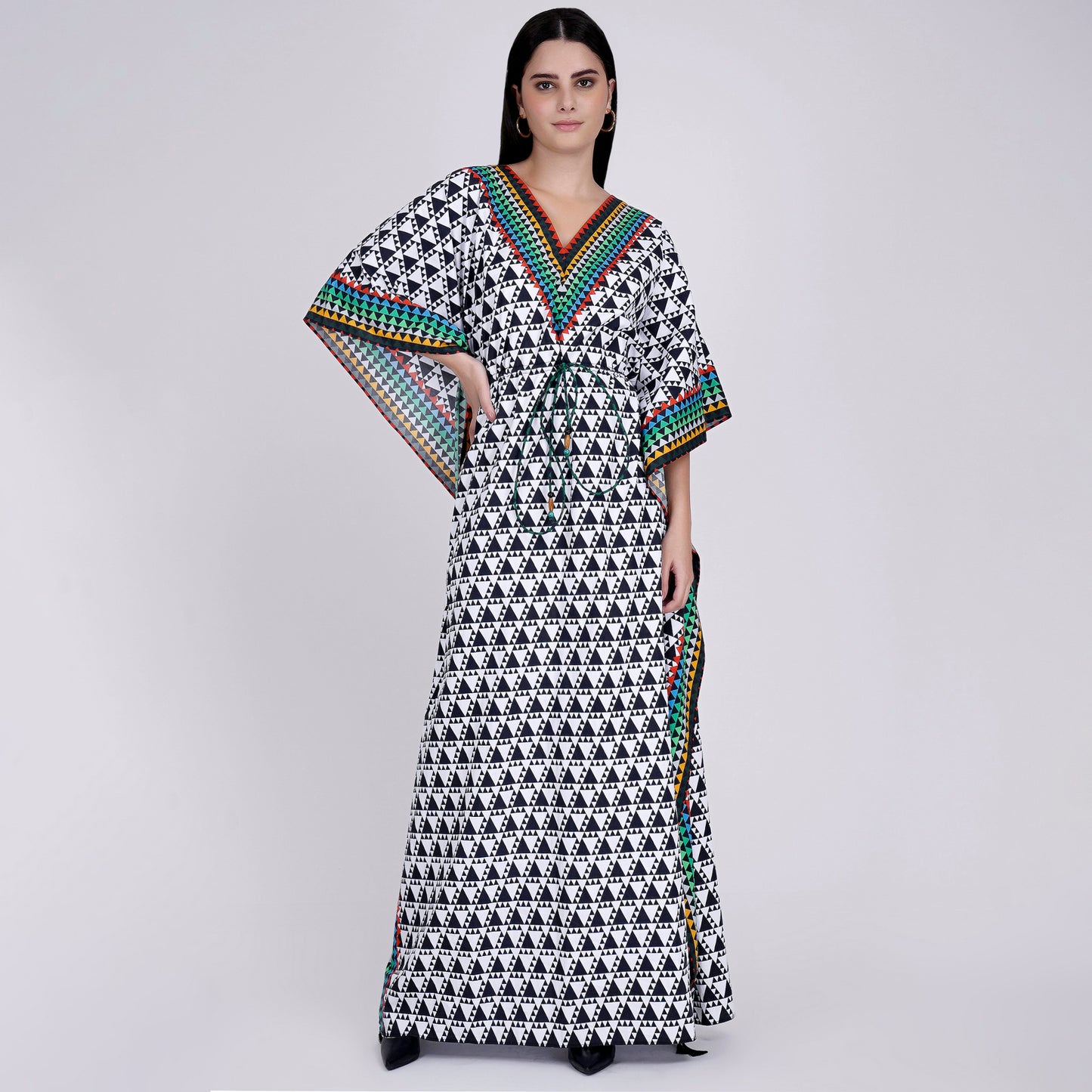 Black and White Triangle Geometric Print Full Length Kaftan