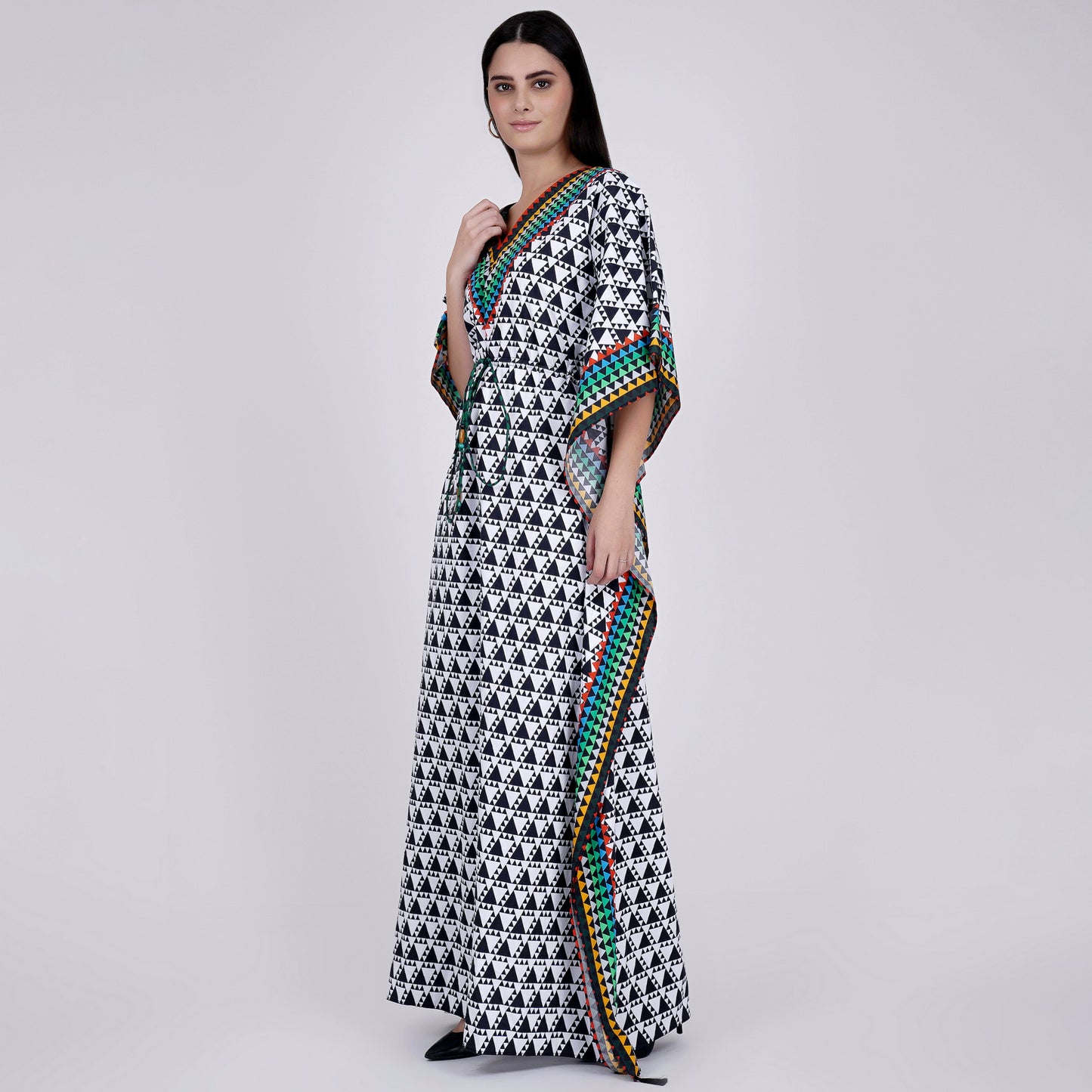 Black and White Triangle Geometric Print Full Length Kaftan