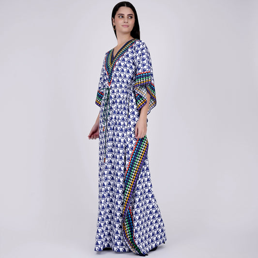 Blue and White Triangle Geometric Print Full Length Kaftan