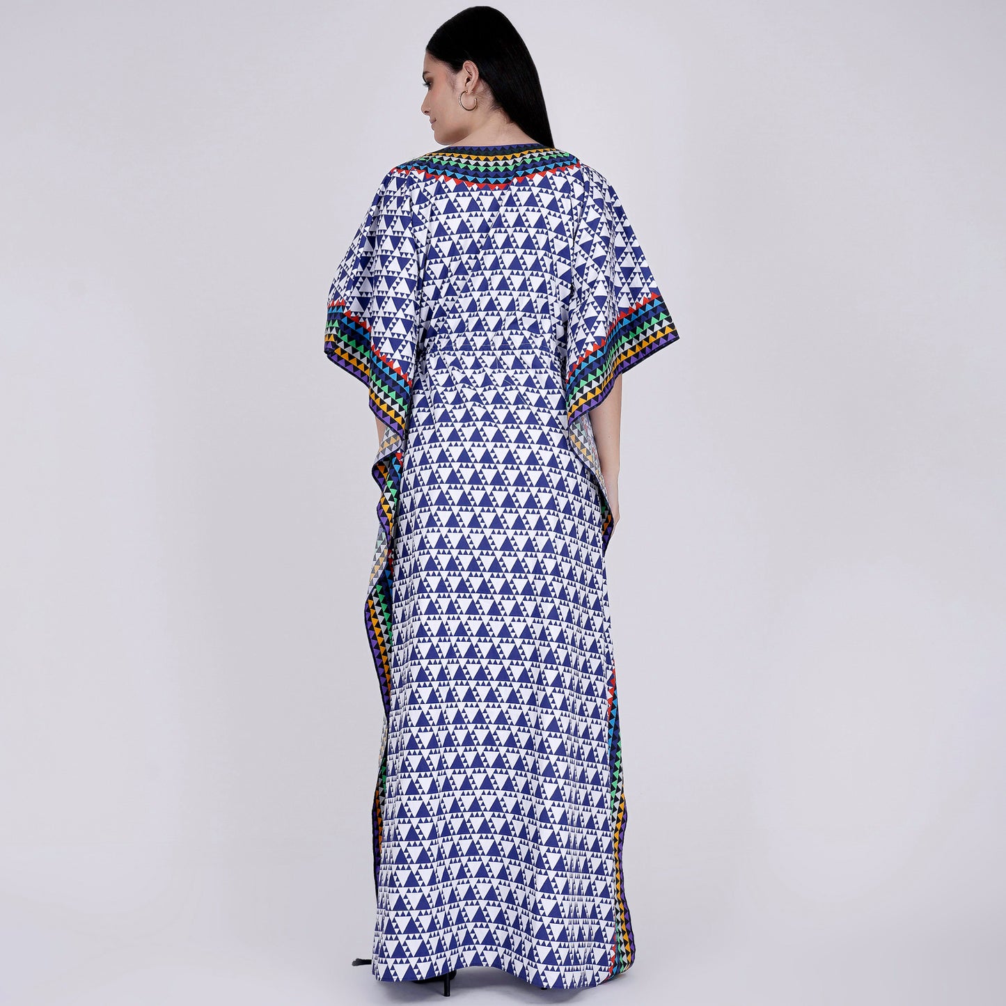 Blue and White Triangle Geometric Print Full Length Kaftan