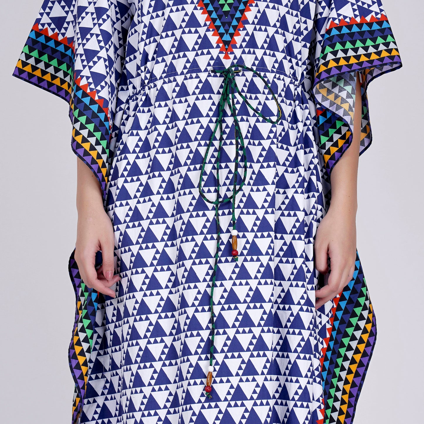 Blue and White Triangle Geometric Print Full Length Kaftan
