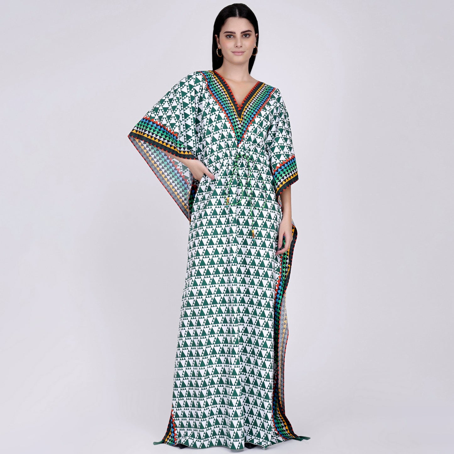 Green and White Triangle Geometric Print Full Length Kaftan