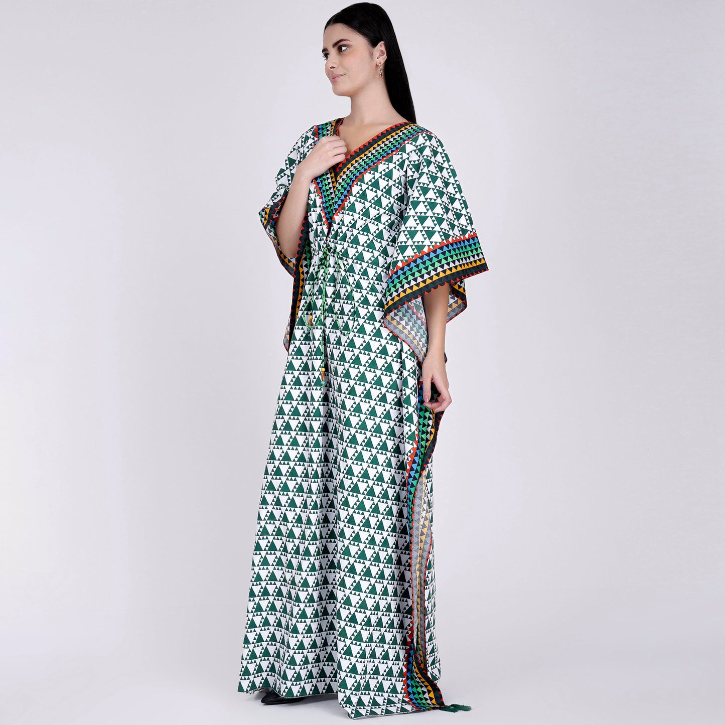 Green and White Triangle Geometric Print Full Length Kaftan