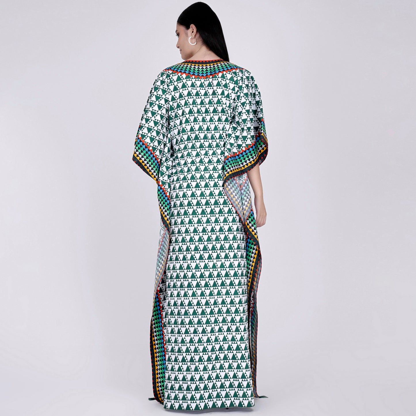 Green and White Triangle Geometric Print Full Length Kaftan