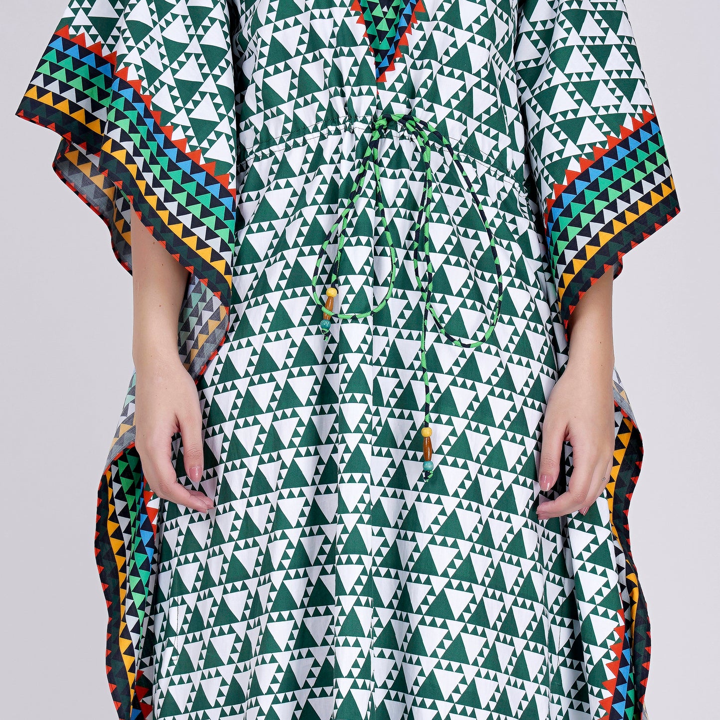 Green and White Triangle Geometric Print Full Length Kaftan