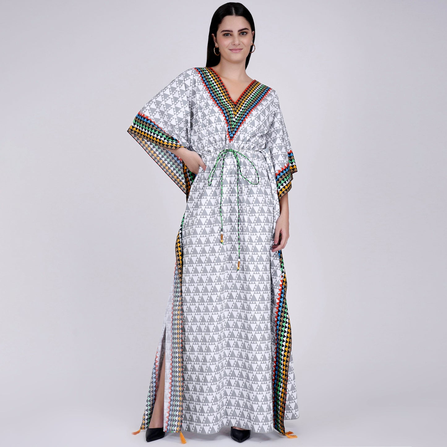 Grey and White Triangle Geometric Print Full Length Kaftan