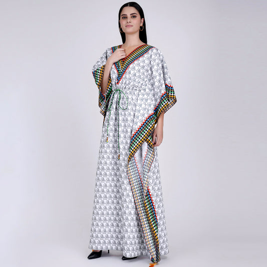 Grey and White Triangle Geometric Print Full Length Kaftan