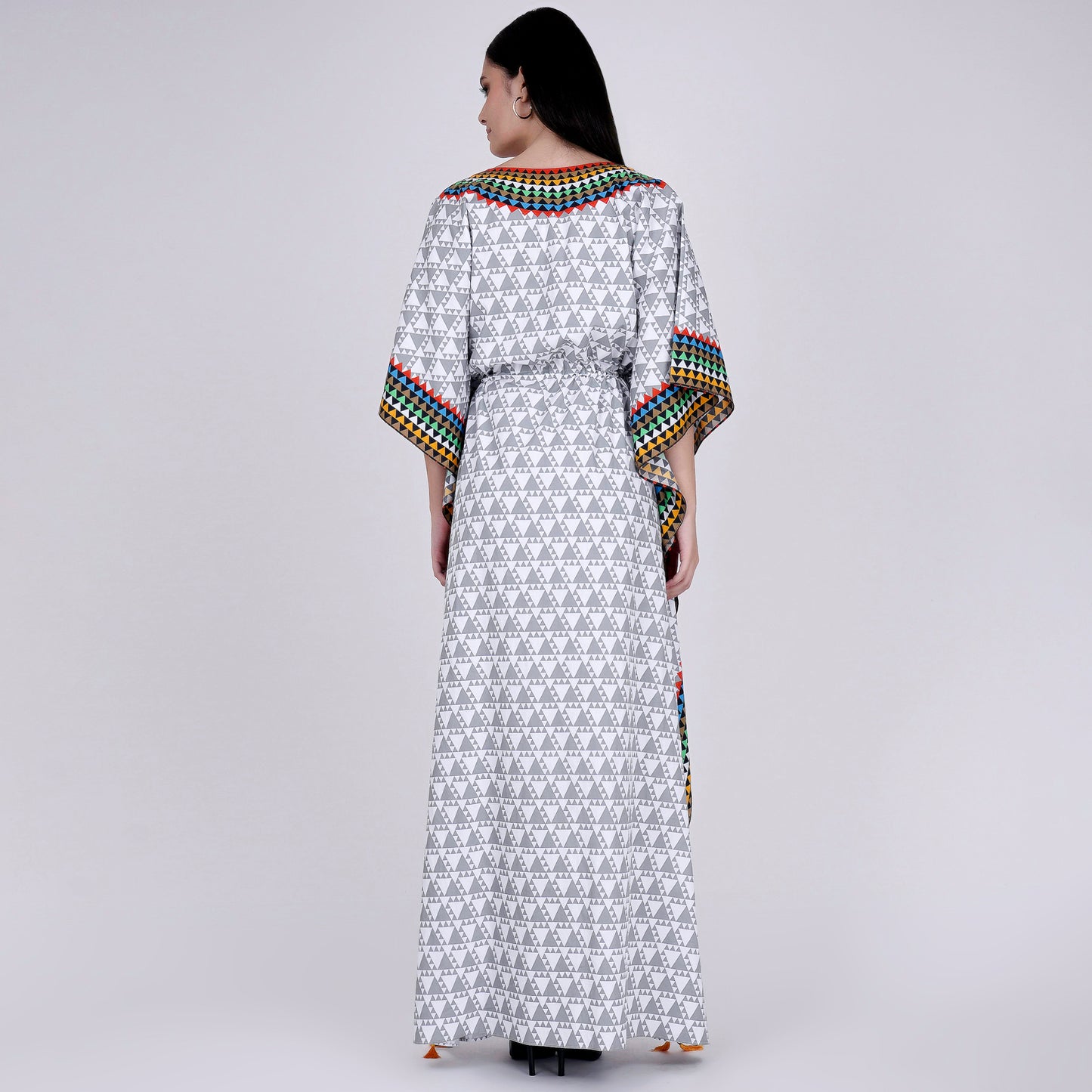 Grey and White Triangle Geometric Print Full Length Kaftan