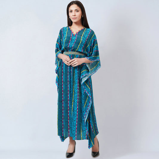 Blue Animal Print Silk Full Length Kaftan