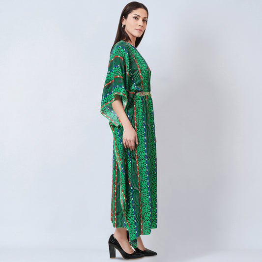Green Animal Print Silk Full Length Kaftan