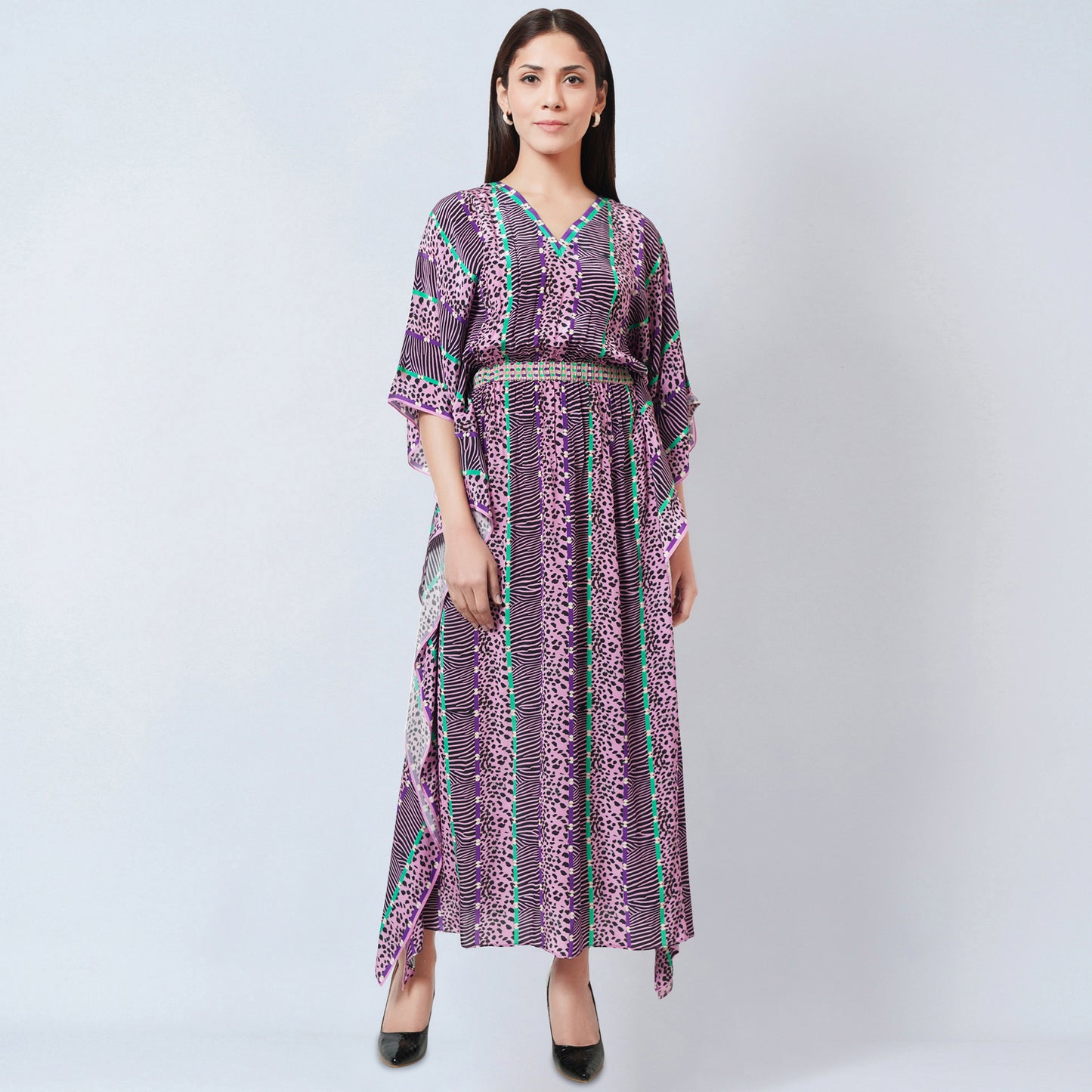 Mauve Animal Print Silk Full Length Kaftan