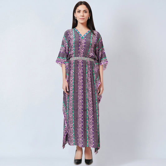 Mauve Animal Print Silk Full Length Kaftan