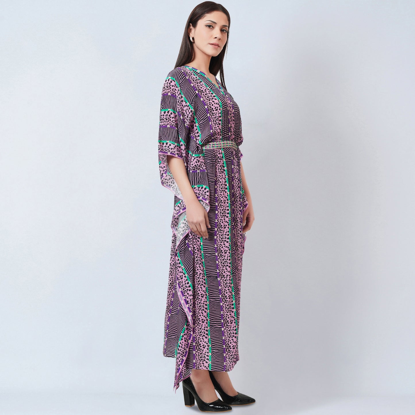 Mauve Animal Print Silk Full Length Kaftan