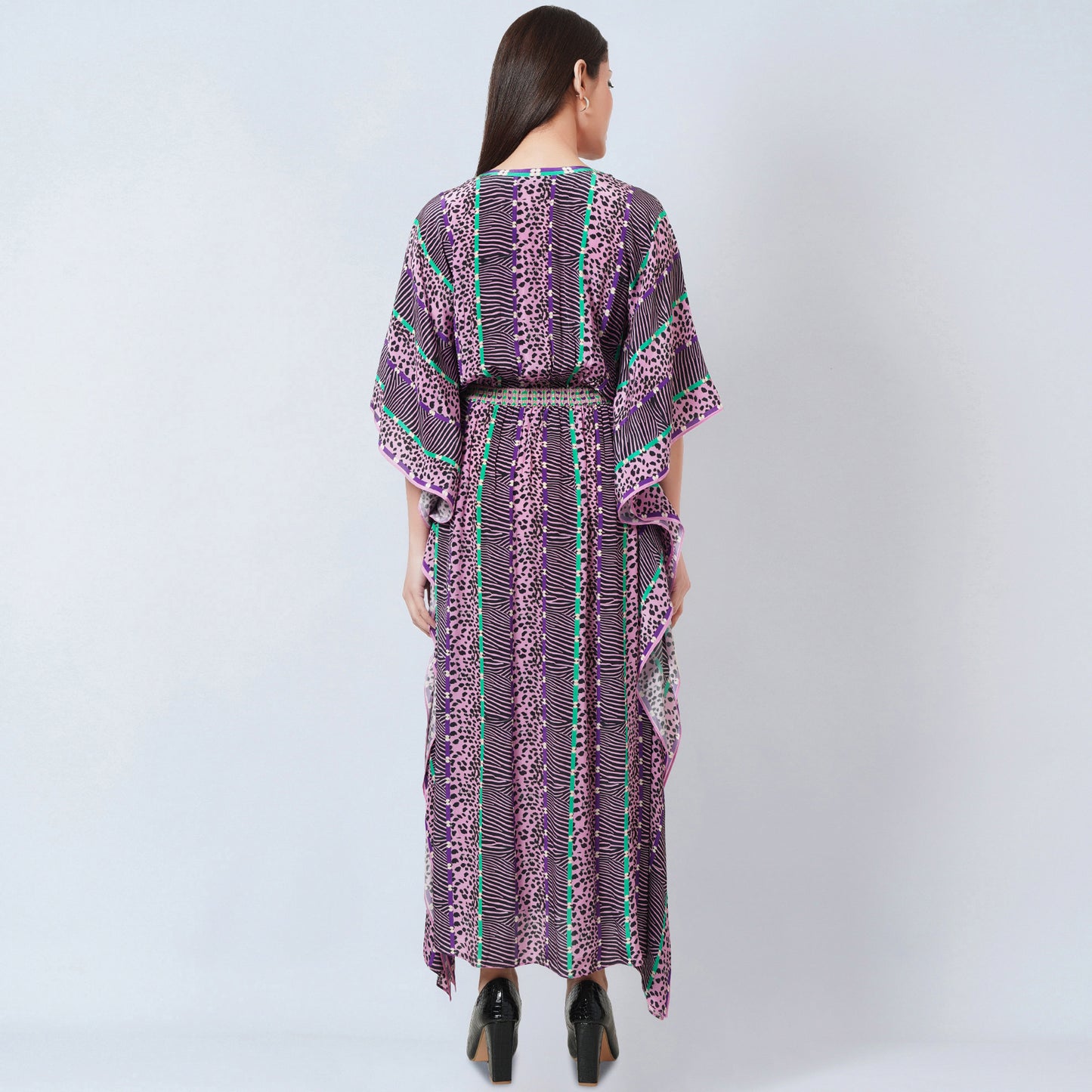 Mauve Animal Print Silk Full Length Kaftan