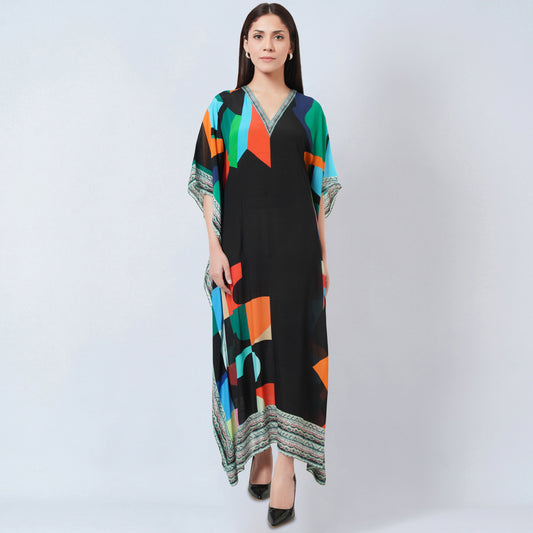 Black Graphic Art Print Full Length Kaftan