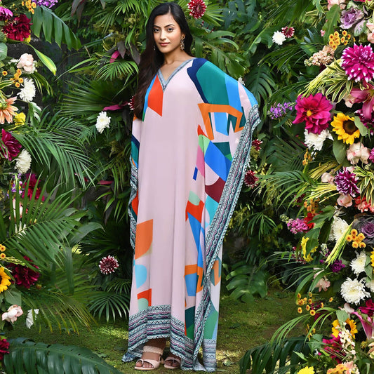 Peach Graphic Art Print Full Length Kaftan