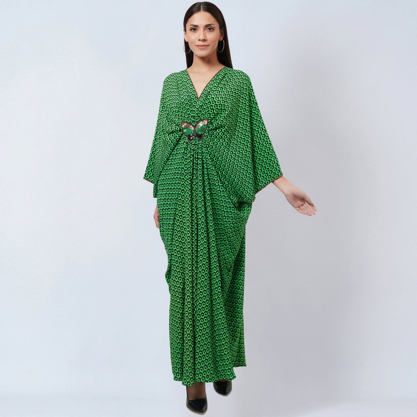 Fluorescent Green Honeycomb Print Silk Full Length Kaftan with Butterfly Motif