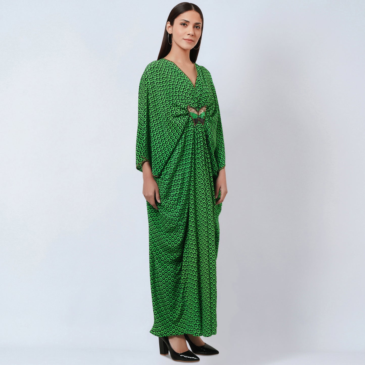 Fluorescent Green Honeycomb Print Silk Full Length Kaftan with Butterfly Motif