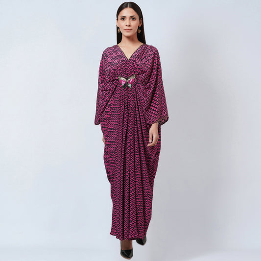 Magenta Honeycomb Print Silk Full Length Kaftan with Butterfly Motif
