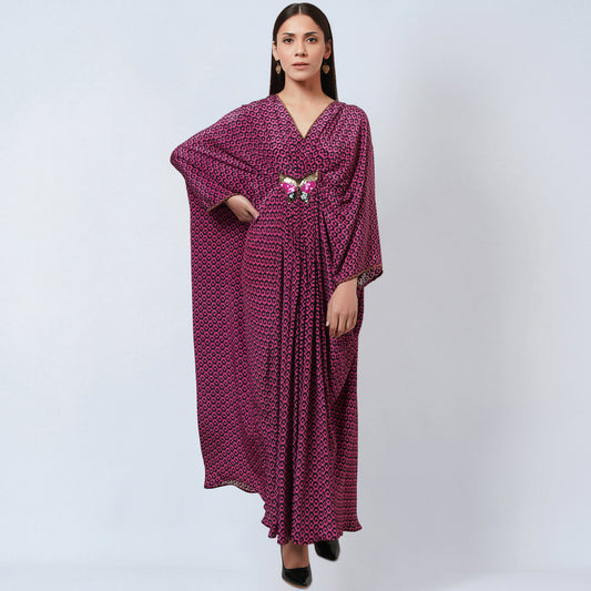 Magenta Honeycomb Print Silk Full Length Kaftan with Butterfly Motif