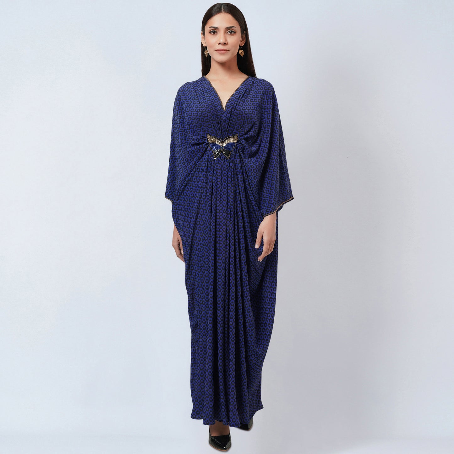 Slate Blue Honeycomb Print Silk Full Length Kaftan with Butterfly Motif