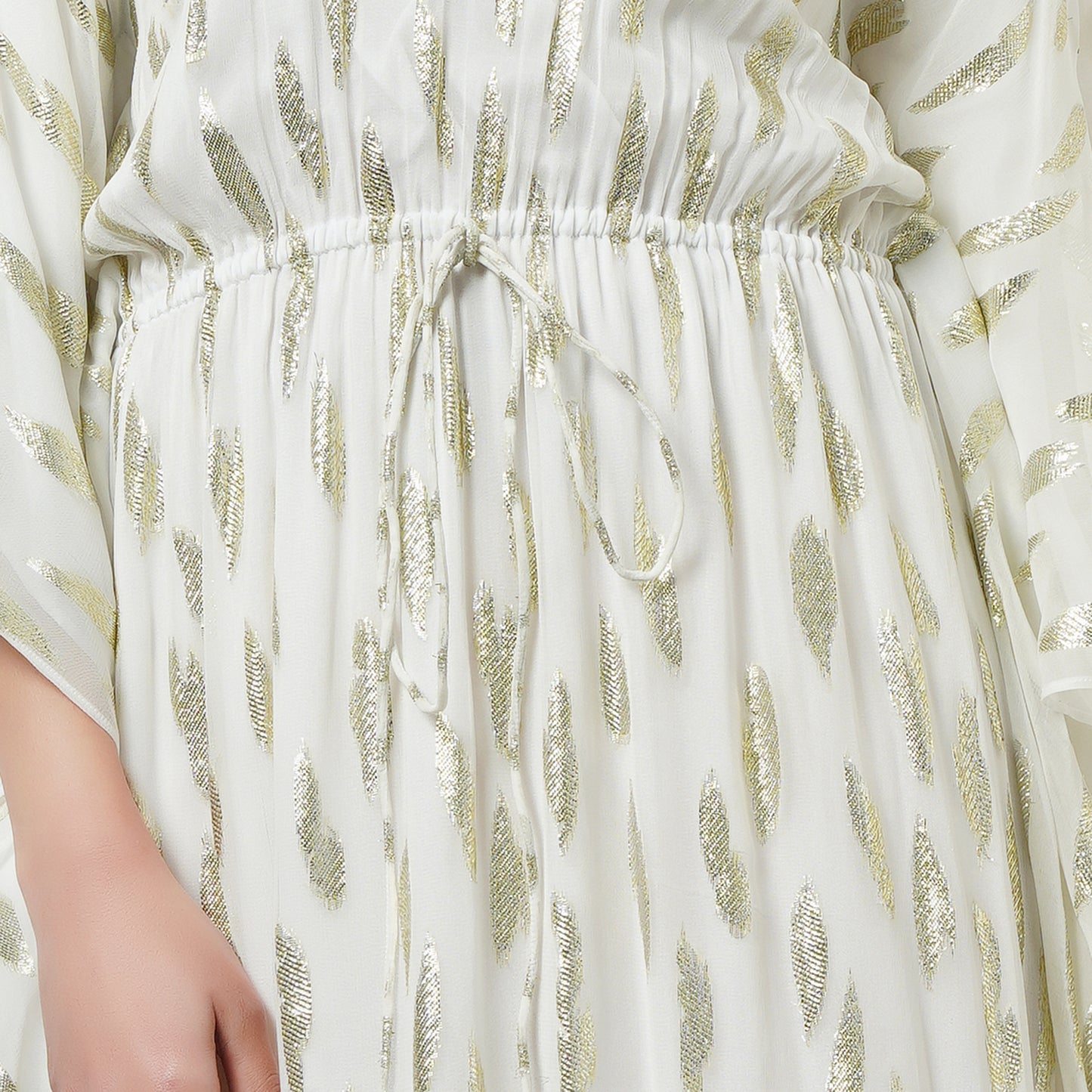 Ivory Lurex with Leaf Motifs Full Length Kaftan