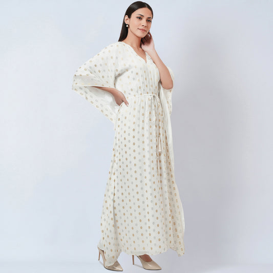 Ivory Lurex with Polka Dot Motifs Full Length Kaftan