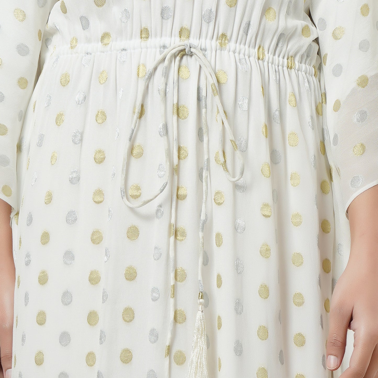 Ivory Lurex with Polka Dot Motifs Full Length Kaftan