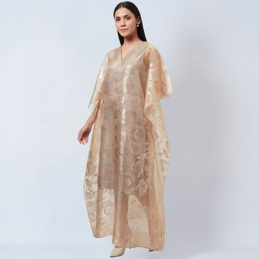 Gold Floral Embossed Organza Full Length Kaftan with Satin Slip
