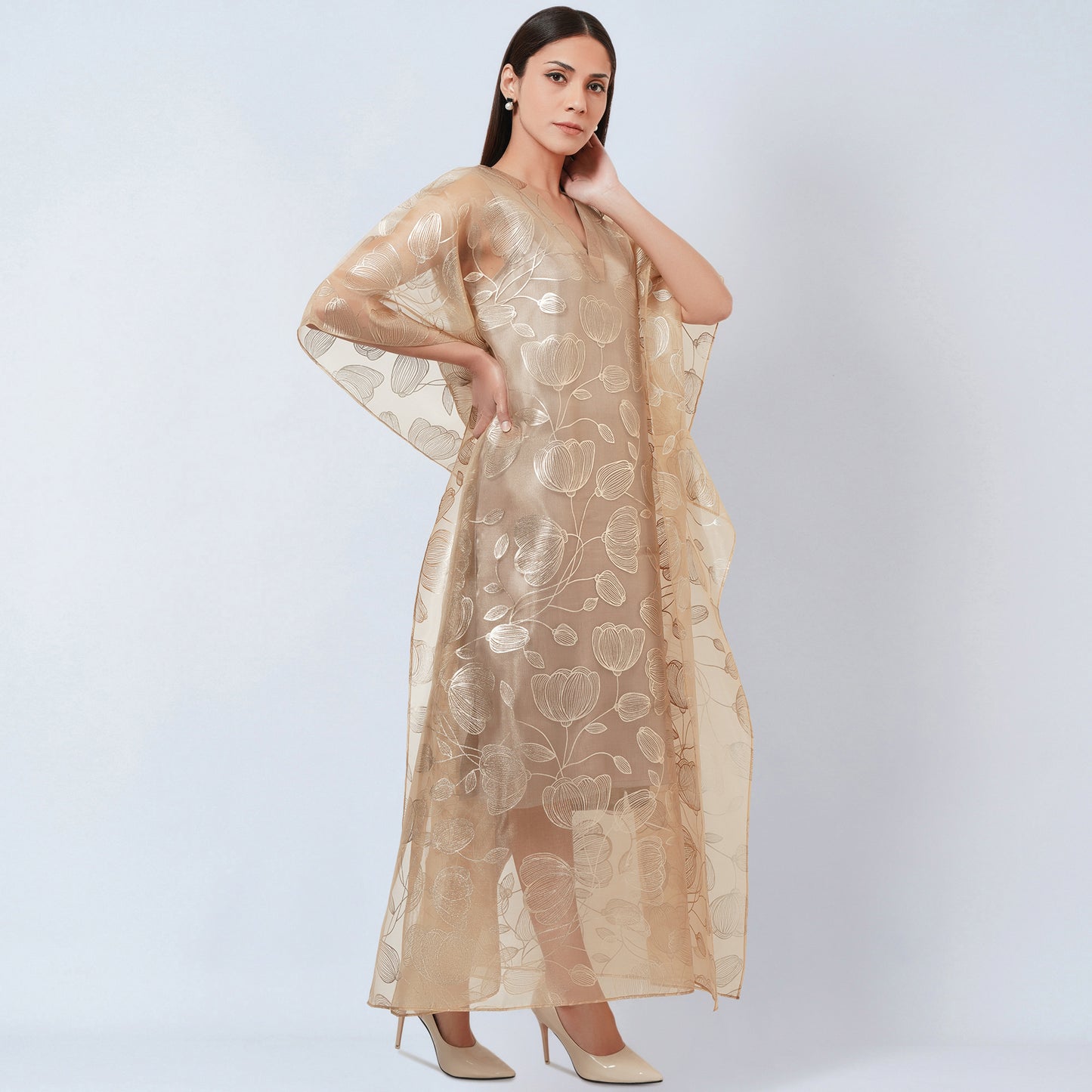Gold Floral Embossed Organza Full Length Kaftan with Satin Slip