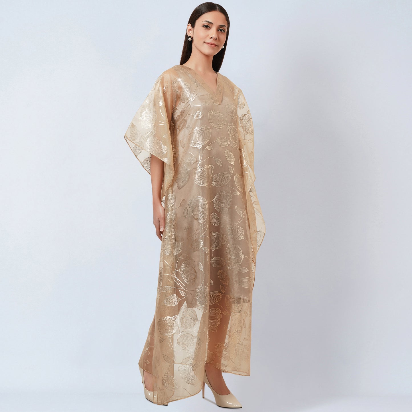 Gold Floral Embossed Organza Full Length Kaftan with Satin Slip
