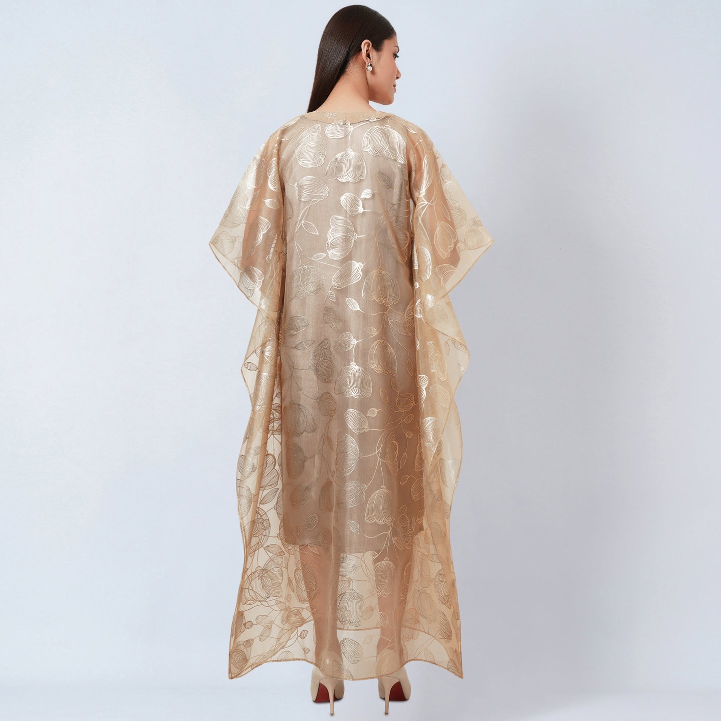 Gold Floral Embossed Organza Full Length Kaftan with Satin Slip